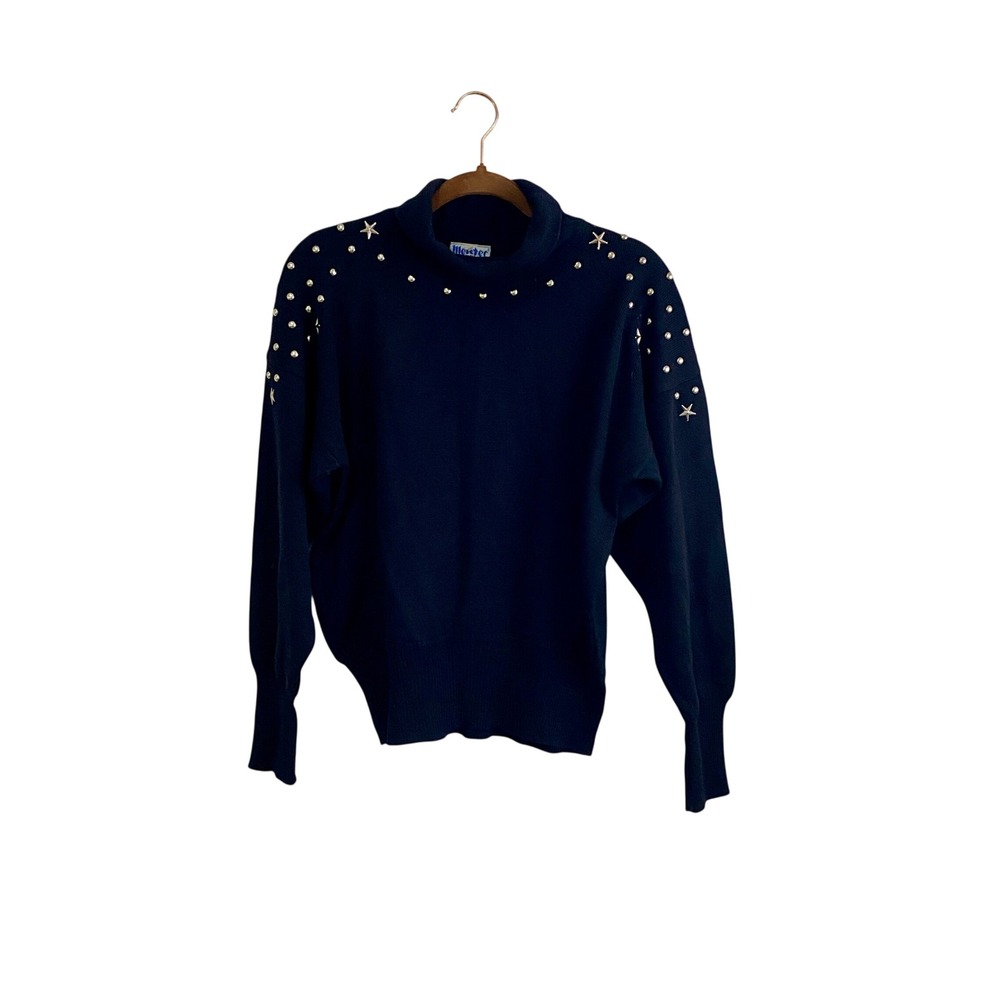 VTG Meister Mock Neck Ski Sweater M Studs Stars Padded Shoulder Whimsigoth‎